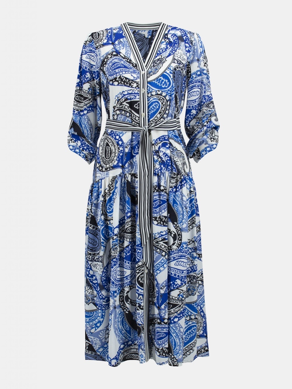 Joseph Ribkoff Blue and White Paisley Tie-Waist Maxi Dress
